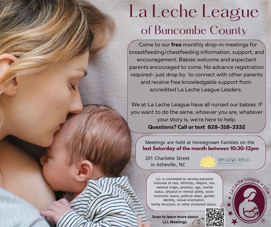 La Leche League Buncombe County meeting announcement: June 28th at 10:30am at Homegrown families