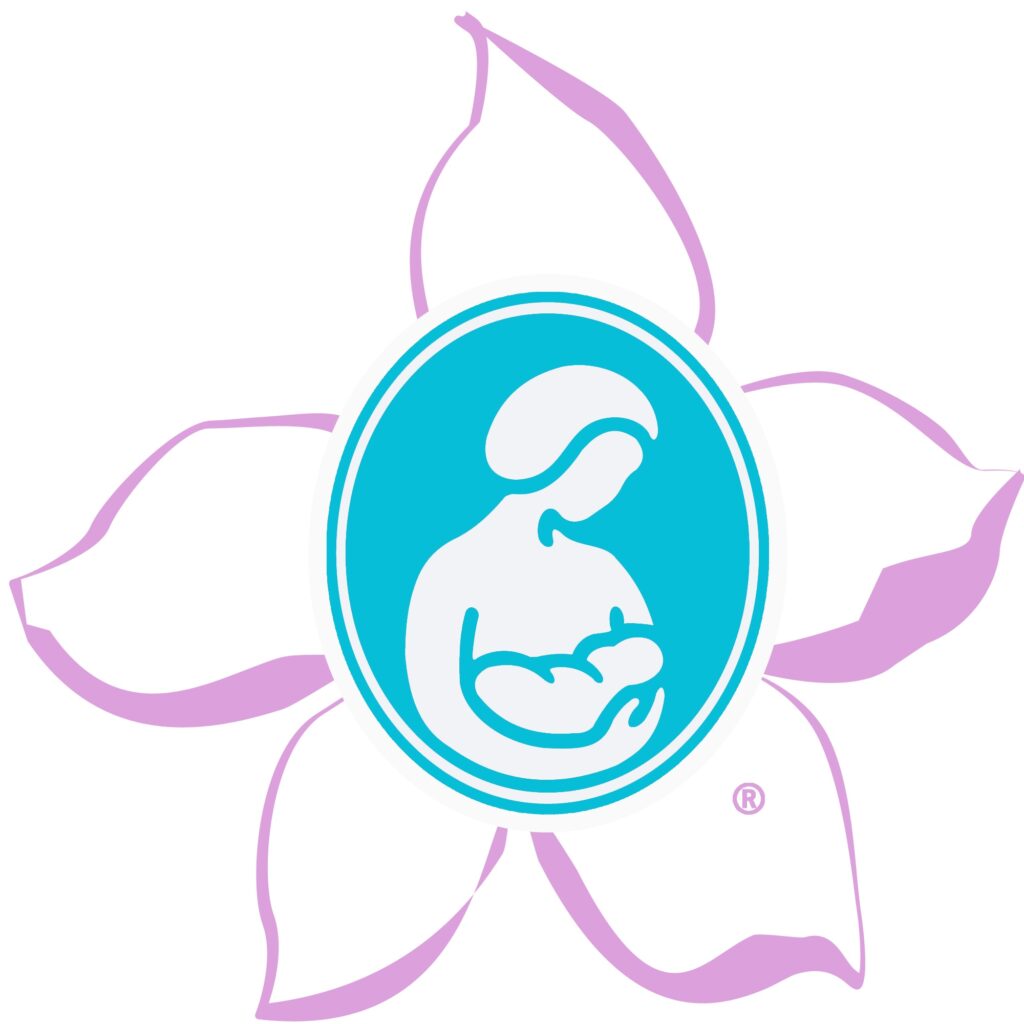 LLL of Treasure Coast logo - flower with drawing of nursing dyad in center